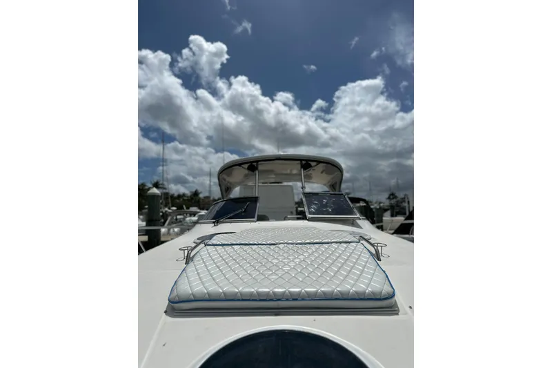 Slide: The Image of 2008 Regal 38 Express yacht under a cloudy sky, featuring a quilted deck cushion. - 14