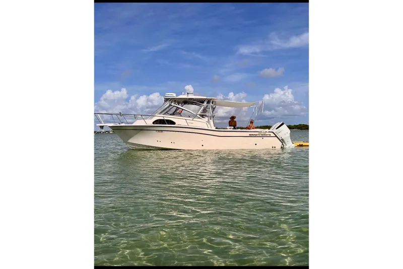 The Image of 2007 Grady-White Marlin 300 boat on calm water under a clear blue sky. - 0