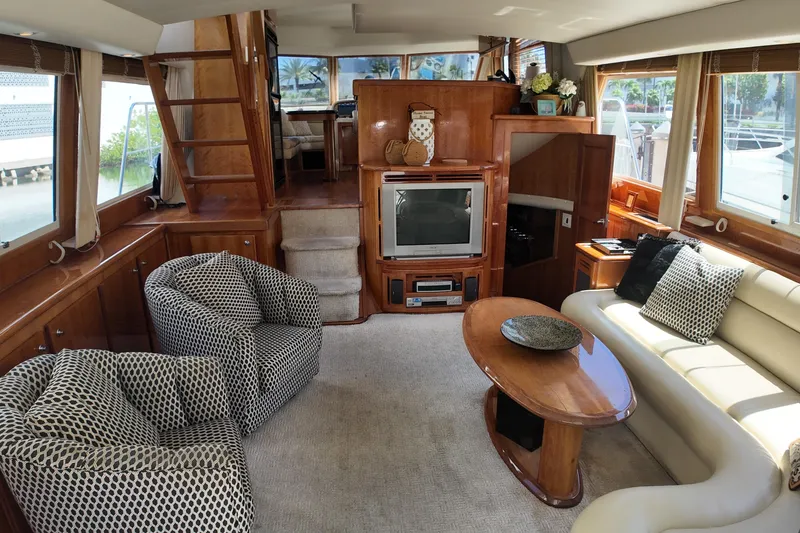 Slide: The Image of Luxurious interior of a 2003 Navigator Rival yacht with elegant seating and entertainment area. - 15