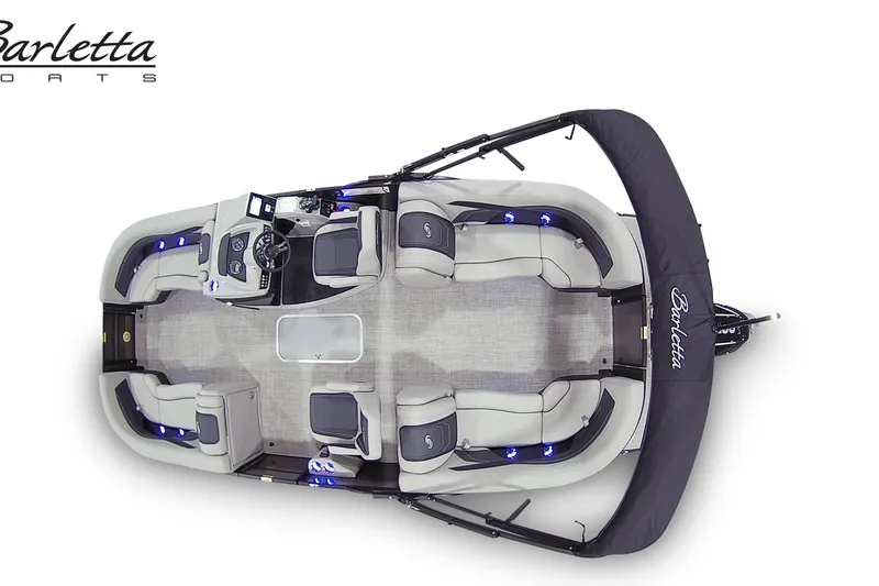 Slide: The Image of 2026 Barletta Cabrio 22QC pontoon boat, top view, showcasing seating and helm layout. - 6