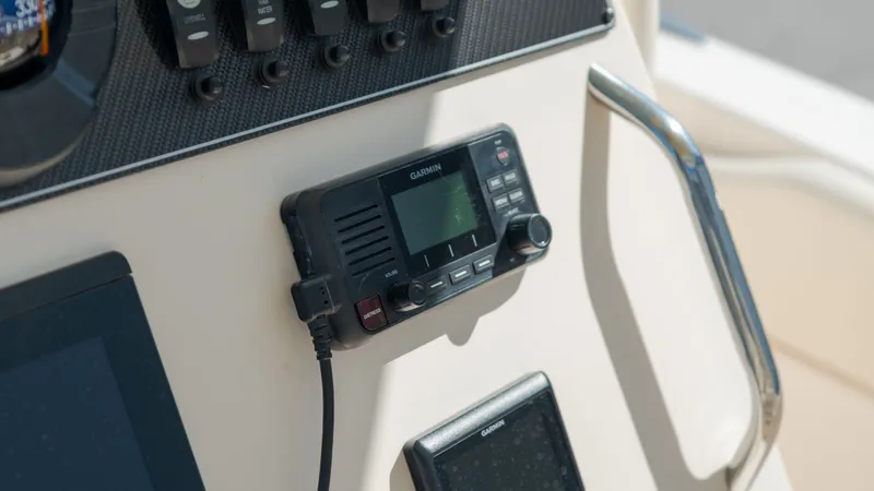 Slide: The Image of Garmin radio on Grady-White Canyon 306 boat console, 2019 model. - 25