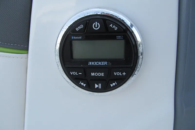 Slide: The Image of Kicker audio control panel on 2022 Tahoe T16 boat, featuring Bluetooth connectivity. - 6