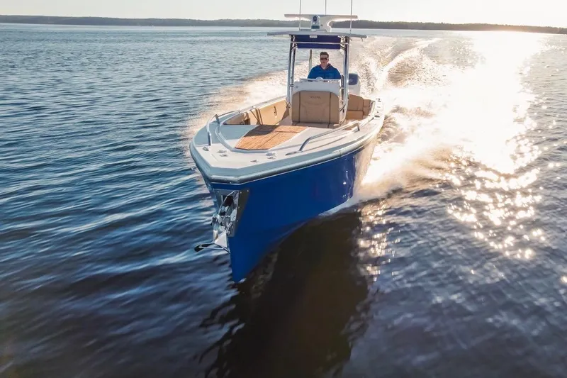 Slide: The Image of 2023 Dynamic D-305V boat cruising on a sunlit lake. - 2