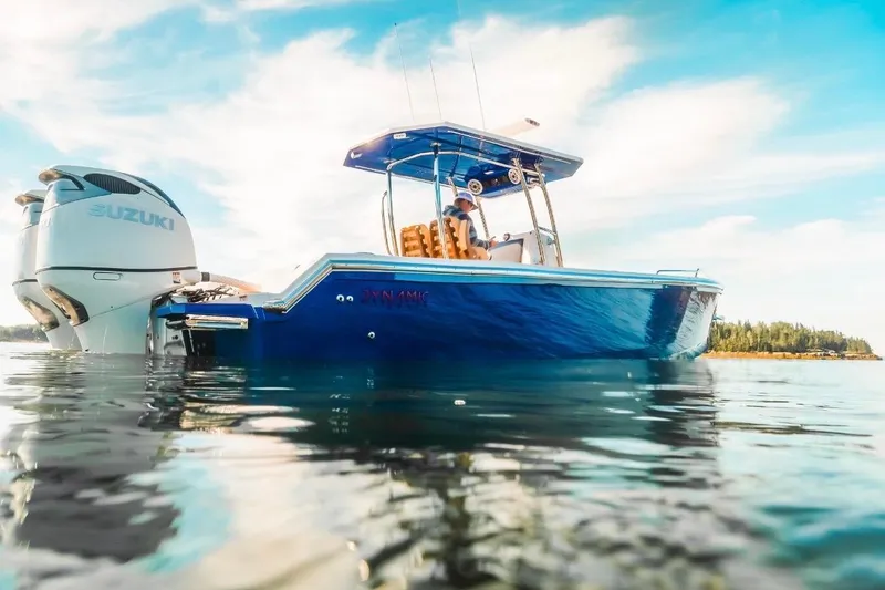 Slide: The Image of 2023 Dynamic D-305V boat on water with Suzuki engine, clear sky background. - 6