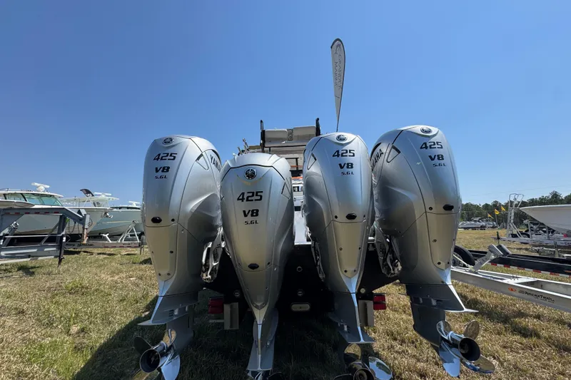 Slide: The Image of Four Yamaha 425 V8 outboard engines on a 2019 Everglades 435 Center Console boat. - 10
