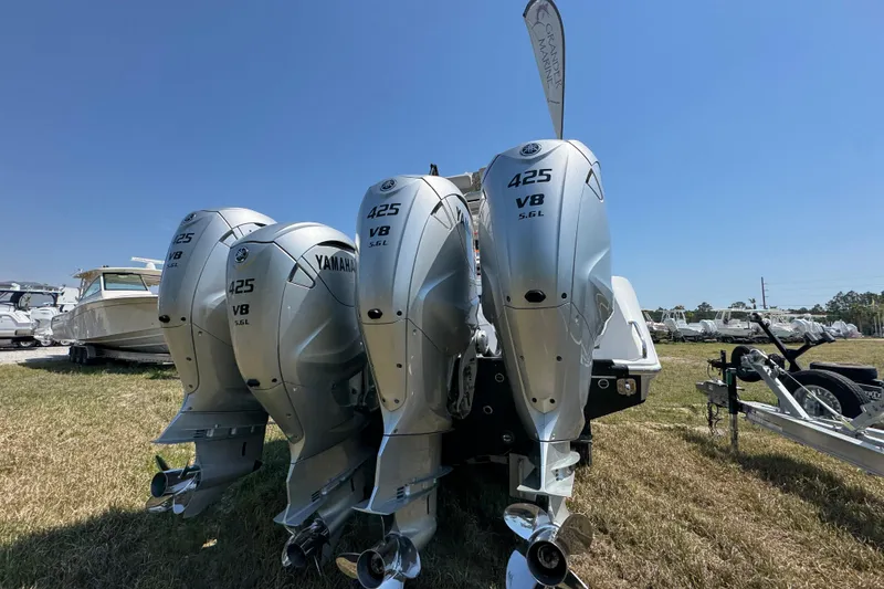 Slide: The Image of Four Yamaha 425 V8 outboard engines on a 2019 Everglades 435 Center Console boat. - 11