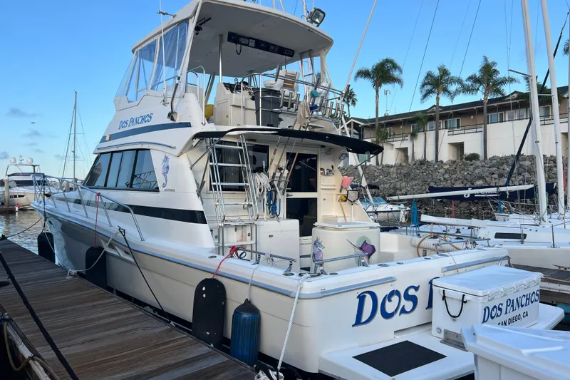 Slide: The Image of Riviera 4800 Sport Yacht, 1996 model, docked at marina with clear blue sky. - 4