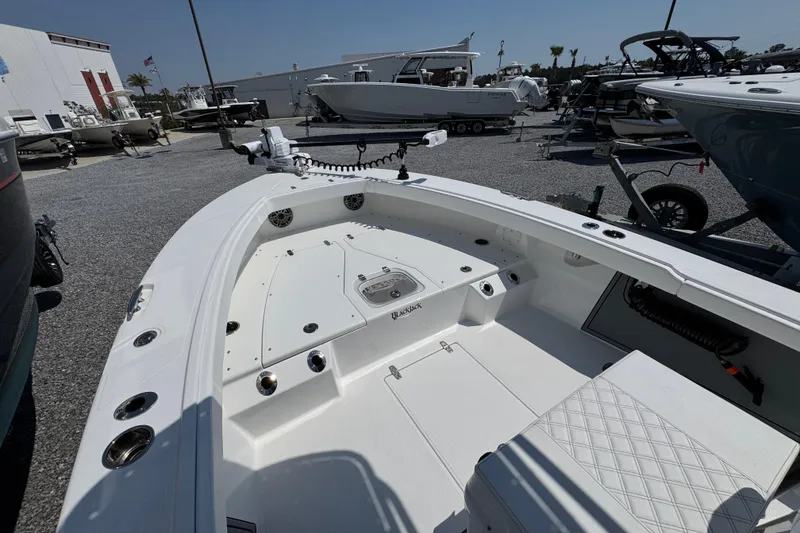 Slide: The Image of 2025 BlackJack 256 Coastal boat interior at a marina, showcasing seating and storage. - 14