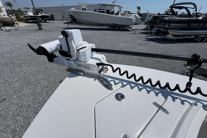 Slide: The Image of 2025 BlackJack 256 Coastal boat with Minn Kota trolling motor in a marina. - 15
