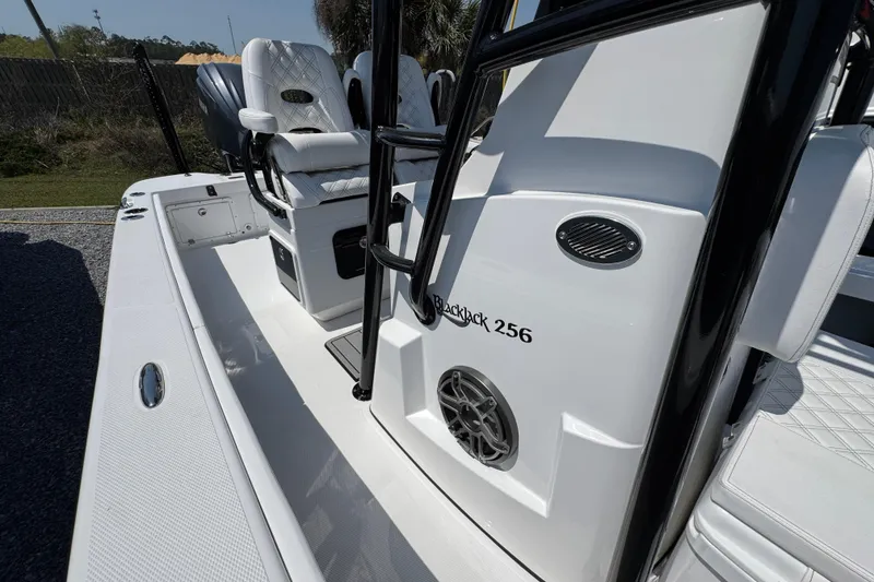 Slide: The Image of 2025 BlackJack 256 Coastal boat interior with seating and speaker detail. - 20