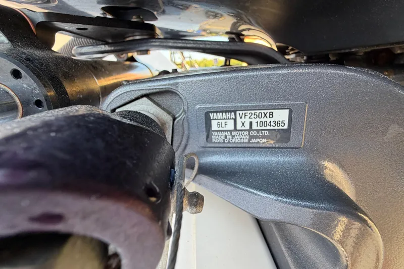 Slide: The Image of Yamaha VF250XB engine detail on 2023 Sportsman Open 232 Center Console boat. - 49