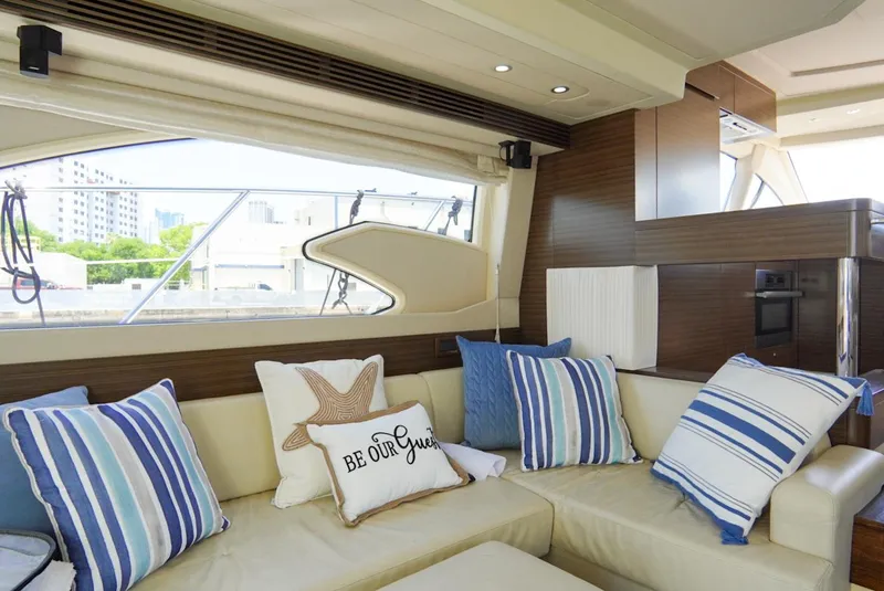 Slide: The Image of Luxurious interior of 2015 Azimut 54 Fly yacht with striped cushions and modern decor. - 41