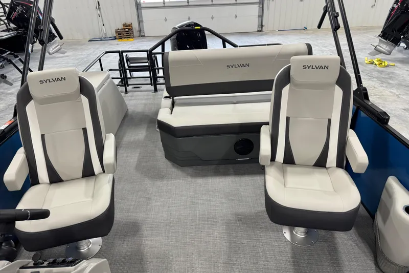 Slide: The Image of 2026 Sylvan Mirage X X5 boat interior with plush seating and modern design. - 9