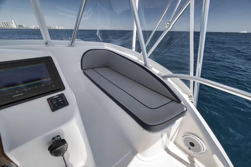 Slide: The Image of Interior view of 2018 Viking 37 Billfish boat with navigation equipment and seating. - 59