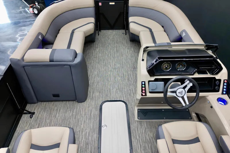 Slide: The Image of Luxurious interior of 2026 Viaggio Lago X-U 22 pontoon boat with modern seating and helm. - 10