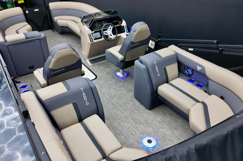 Slide: The Image of Luxurious interior of 2026 Viaggio Lago X-U 22 pontoon boat with modern seating. - 6