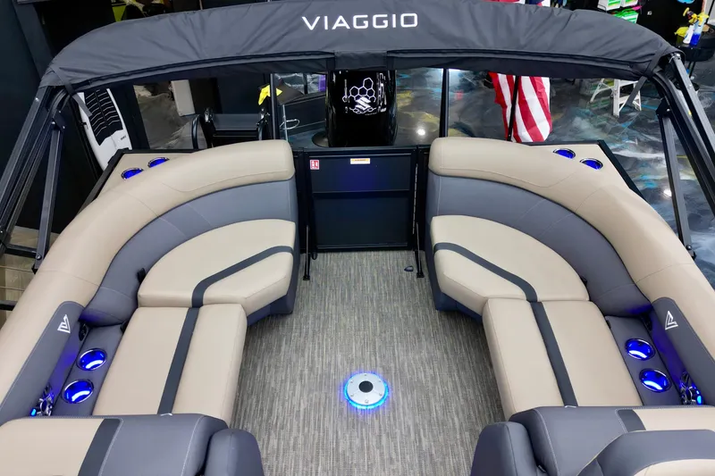 Slide: The Image of Interior of 2026 Viaggio Lago X-U 22 boat with luxurious seating and ambient lighting. - 9