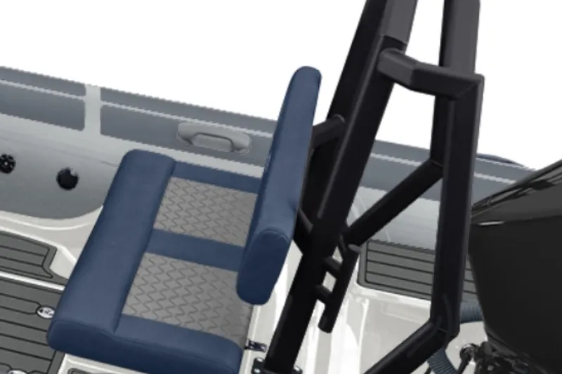 Slide: The Image of 2026 Brig Navigator 20 aft seat, blue edges, and gray quilt. - 2