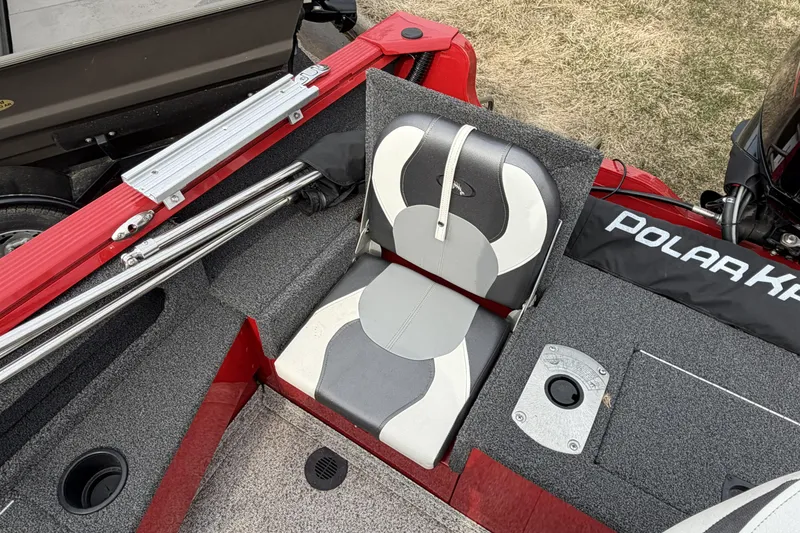 Slide: The Image of 2023 Polar Kraft Frontier 179 WT boat interior with gray and white seating. - 10
