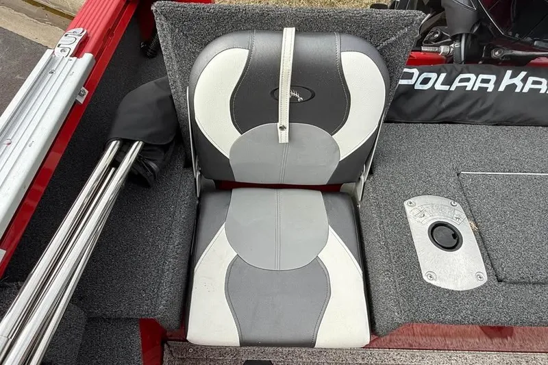 Slide: The Image of 2023 Polar Kraft Frontier 179 WT boat seat with gray and white upholstery. - 9