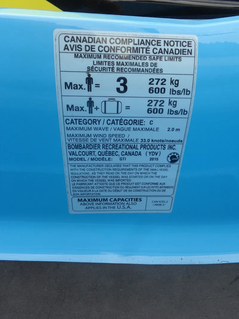 Slide: The Image of Canadian compliance notice on Sea-Doo GTI SE 130, 2015 model. - 20