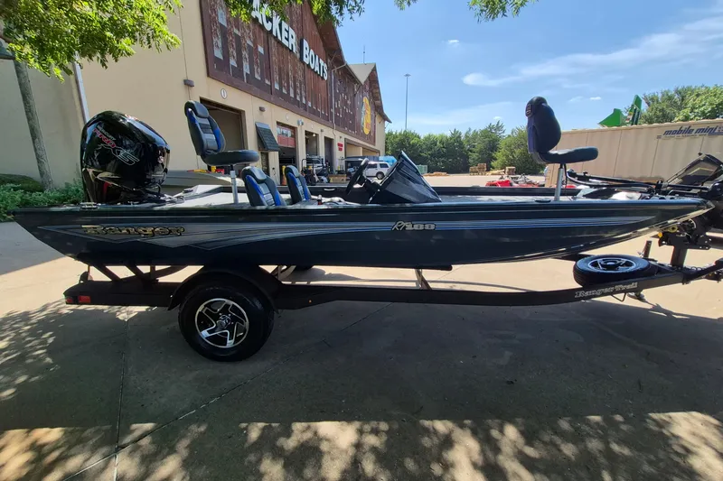 Slide: The Image of 2026 Ranger RT188 boat parked outside a dealership, featuring sleek design and modern seating. - 3