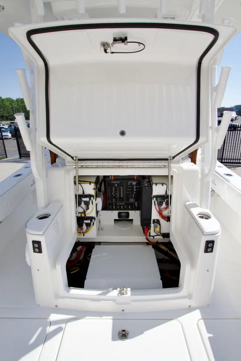 Slide: The Image of The image shows the open helm area of a 2027 Regulator 35 boat. - 34