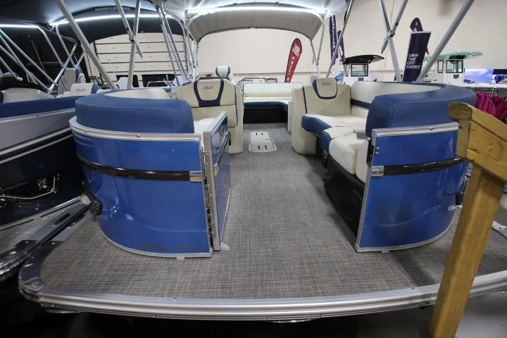 Slide: The Image of 2026 Avalon Catalina Versatile Rear Lounge boat interior with blue and white seating. - 3