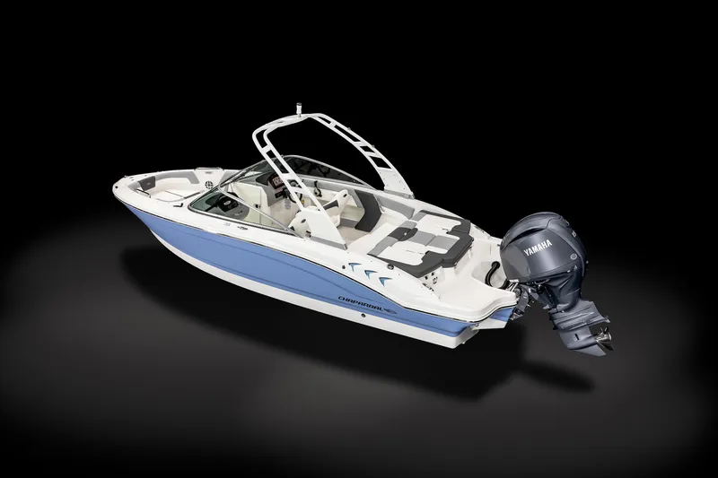 Slide: The Image of 2025 Chaparral 21 SSi OB boat with Yamaha outboard motor, sleek design on black background. - 3
