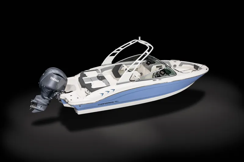 Slide: The Image of 2025 Chaparral 21 SSi OB boat with Yamaha outboard motor, sleek design on black background. - 4