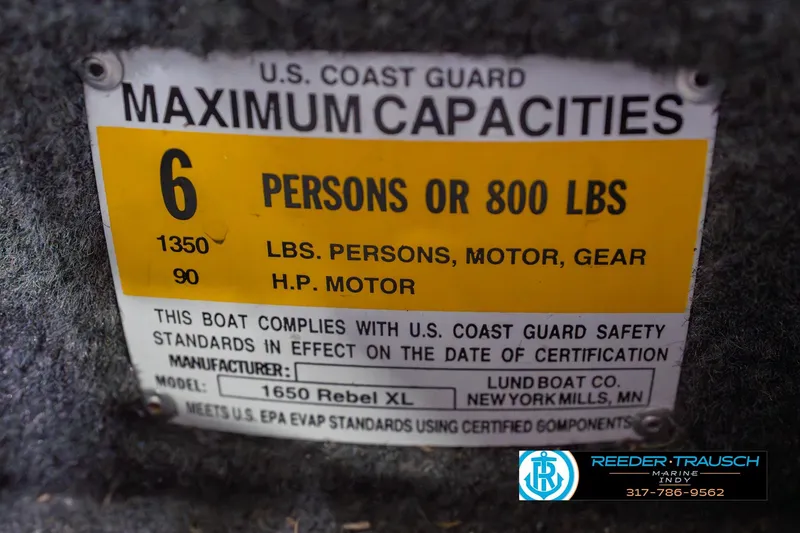 Slide: The Image of Capacity label for 2013 Lund 1650 Rebel XL Sport boat, 6 persons or 800 lbs. - 52