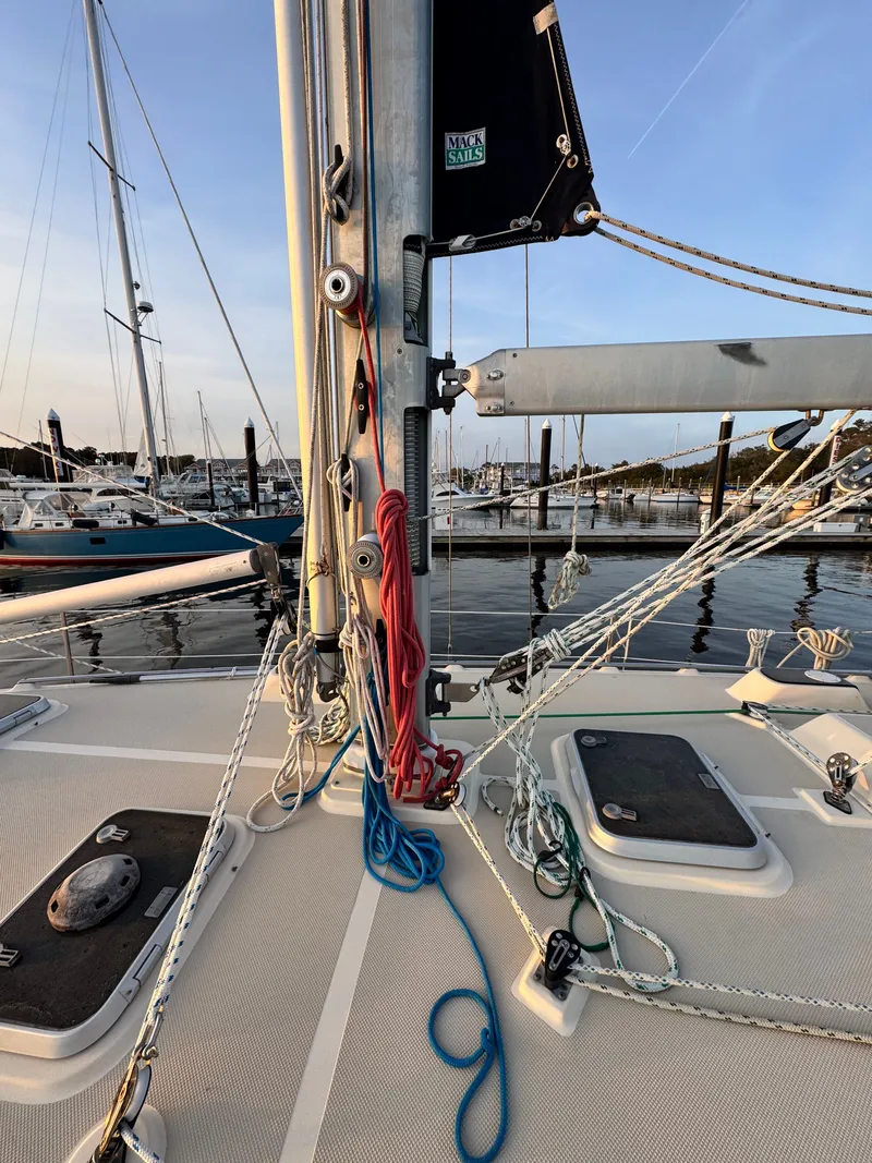 Slide: The Image of Island Packet 380 sailboat, 2001 model, docked at marina. - 15