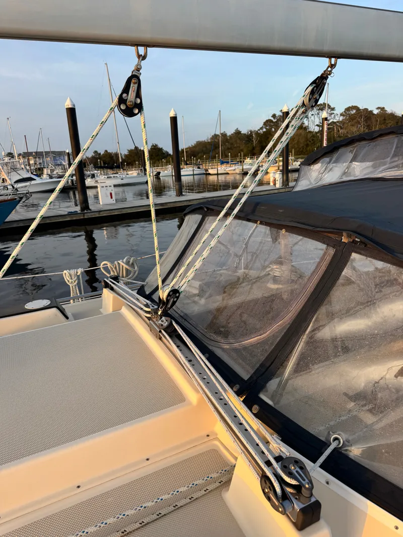 Slide: The Image of Island Packet 380 sailboat, 2001 model, docked at marina. - 16