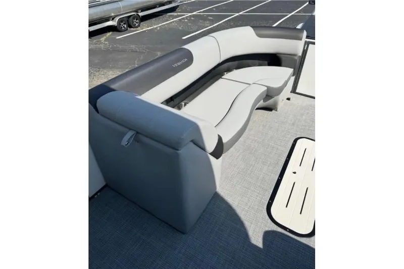 Slide: The Image of 2025 Veranda Relax VR25VLC boat interior with sleek gray seating and modern design. - 10