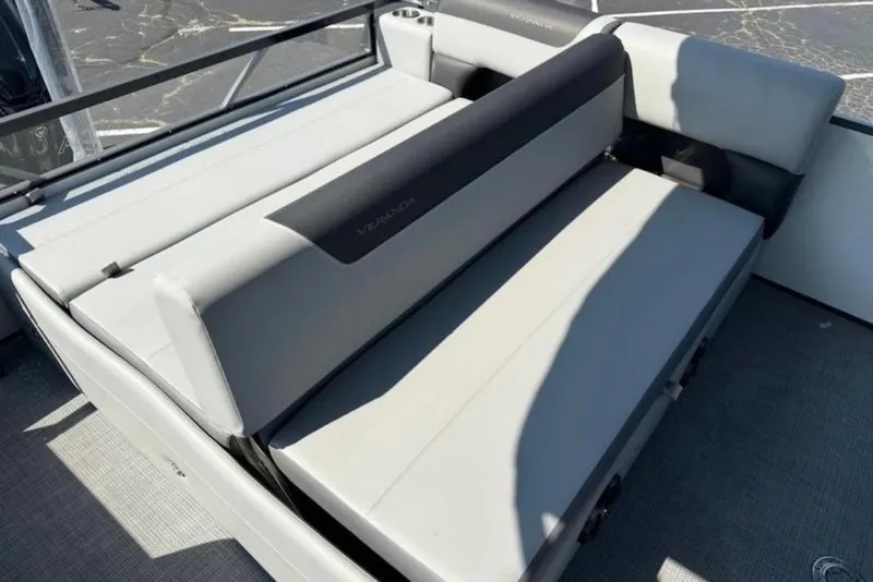 Slide: The Image of 2025 Veranda Relax VR25VLC boat seating, featuring sleek gray upholstery and modern design. - 16