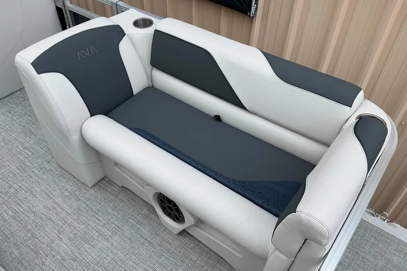 Slide: The Image of 2026 Avalon Venture Quad Lounge 21' boat seat with sleek gray and white upholstery. - 5