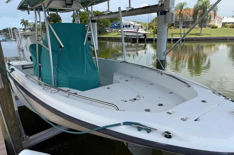 Slide: The Image of 2008 Boston Whaler 230 Dauntless boat docked by a scenic waterfront. - 24