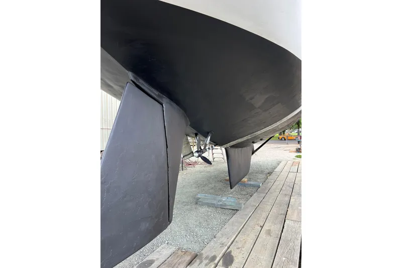 Slide: The Image of 1978 Gulfstar Ketch boat hull and rudder on dry dock. - 20