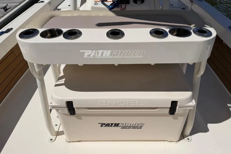 Slide: The Image of 2022 Pathfinder 2200 TRS boat with Engel cooler and rod holders on deck. - 33