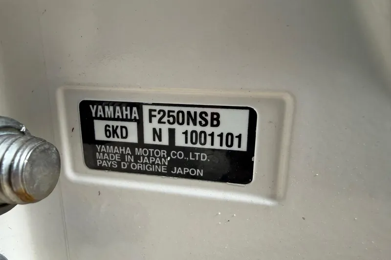 Slide: The Image of Yamaha F250NSB engine label on 2022 Pathfinder 2200 TRS, made in Japan. - 53
