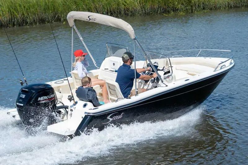 Slide: The Image of Manufacturer Provided Image: 2026 Scout 188 Sport Dorado boat cruising on a river with passengers. - 1
