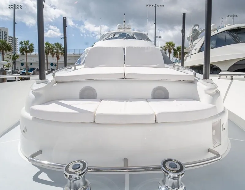 Slide: The Image of Luxury yacht Horizon E88, 2013 model, featuring elegant white seating. - 23