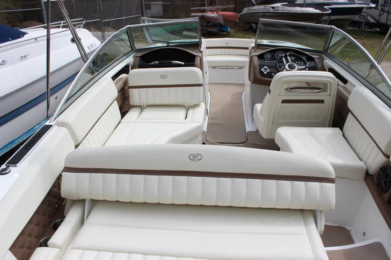 Slide: The Image of Interior of a 2012 Cobalt A25 boat with luxurious white seating and modern dashboard. - 31