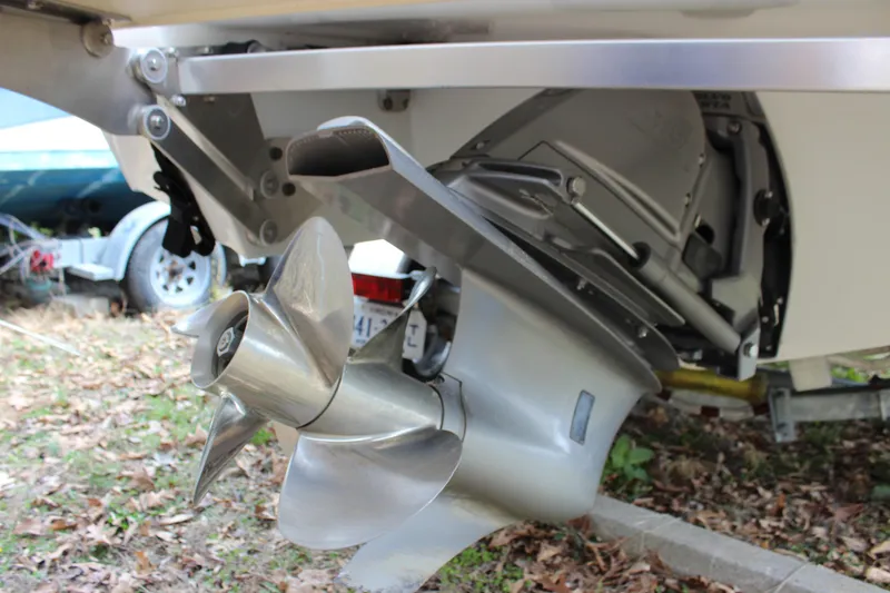 Slide: The Image of 2012 Cobalt A25 boat propeller and stern drive, close-up view. - 39