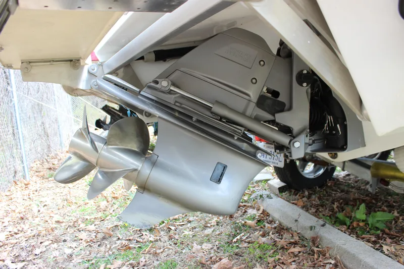 Slide: The Image of Close-up of a 2012 Cobalt A25 boat's propeller and outdrive mechanism. - 41