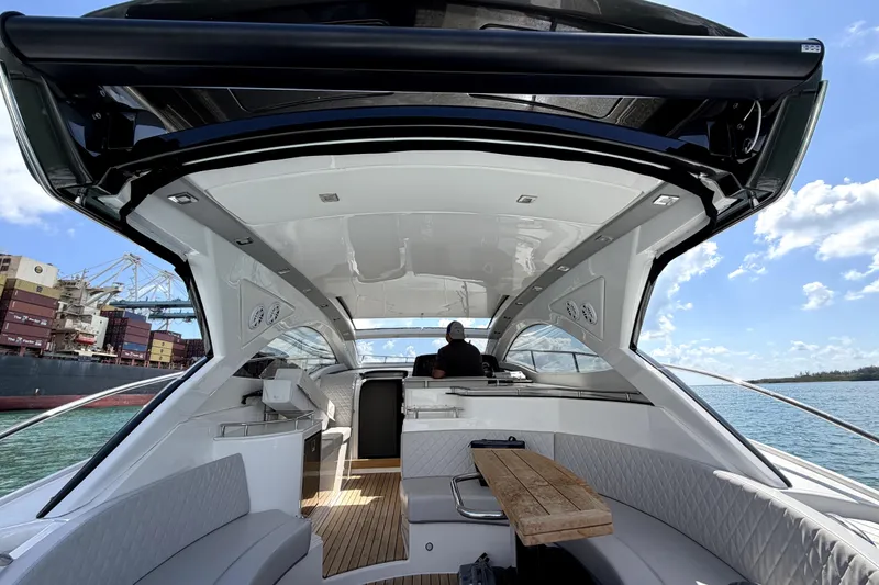 Slide: The Image of Interior view of 2024 Schaefer 400 yacht with modern design and spacious seating. - 3