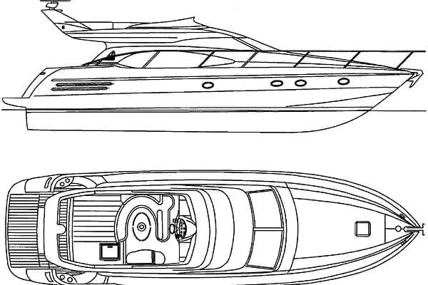 Slide: The Image of Line drawing of a 1999 Azimut 58 yacht, side and top views. - 64