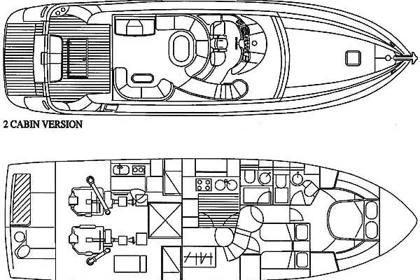 Slide: The Image of Blueprint of 1999 Azimut 58 yacht, showcasing two-cabin layout and deck design. - 65
