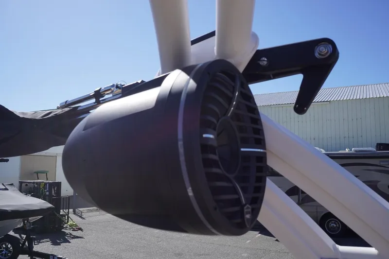 Slide: The Image of Close-up of a 2022 Tigé 22RZX boat speaker system under clear blue sky. - 43