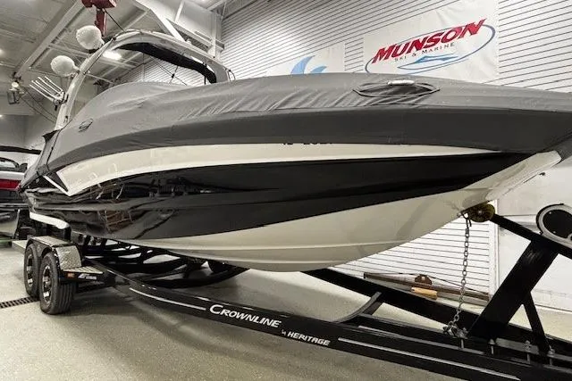 Slide: The Image of 2019 Crownline Eclipse E255 SURF boat on trailer indoors. - 3